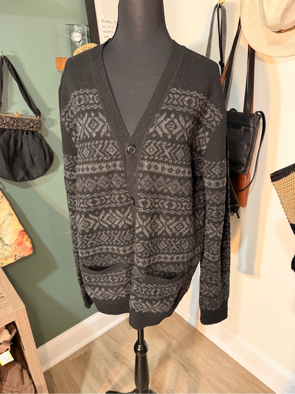 J.Crew 100% Lambswool Fair Isle Cardigan Medium Oversized Academia Librarian